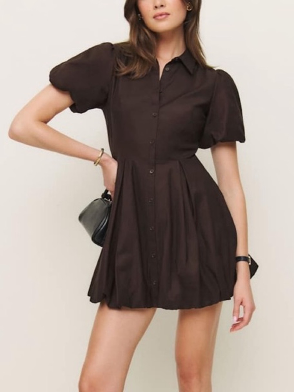 Reformation Mazie Brown Puff Sleeve Mini Dress